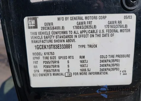 2003 Chevrolet Silverado 1500 Ls z USA, uszkodzony, nr VIN 1GCEK19T83E333881